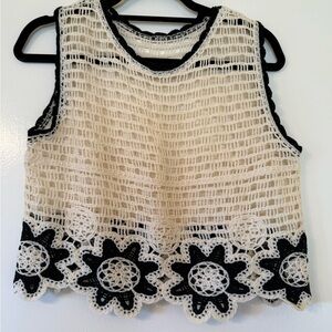 Cute for summer music festivals! Crochet Lace Sleeveless Top - Black and Cream